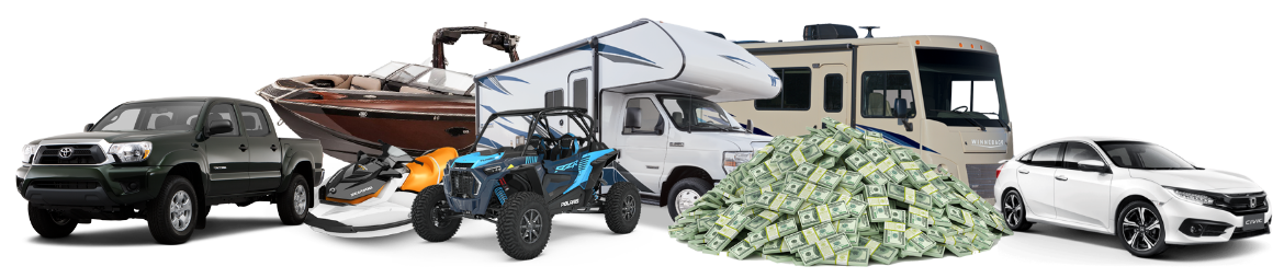 A pickup truck, a boat, a jetski, a side-by-side, two RVs, a car, and a pile of money
